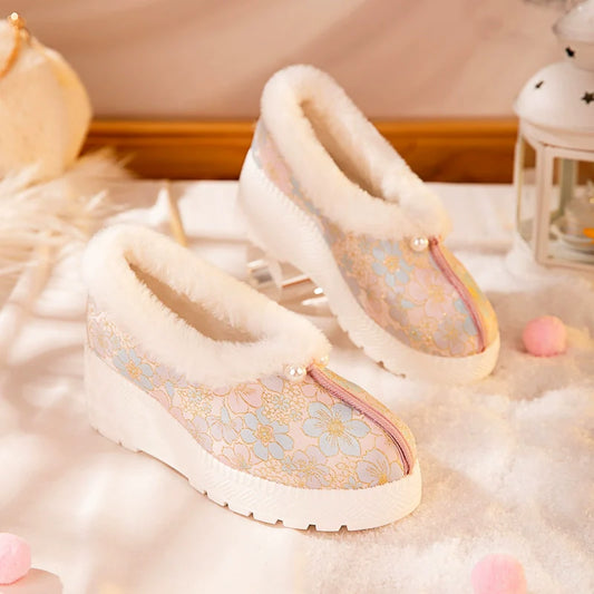 Mila - Furry Brocade Hanfu Shoes for Winter