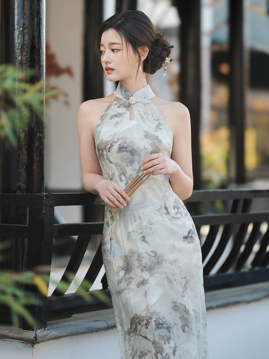 Cold Ink 清冷水墨 - Halter Neck Midi Cheongsam