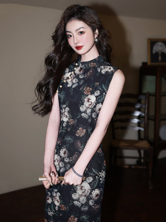 Bright Fleurs 黛色锦簇 - Sleeveless Vintage Floral Black Cheongsam