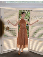 Golden Bloom Halter Dress