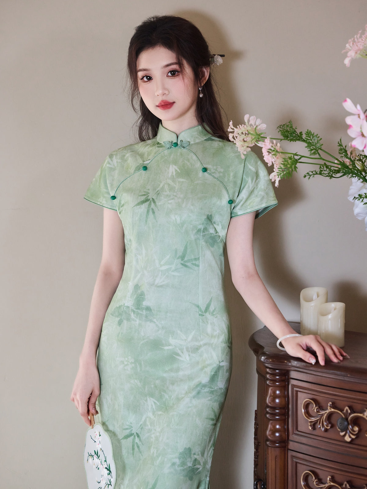 Pastel Flowers - Short Sleeve Floral Style Long Cheongsam