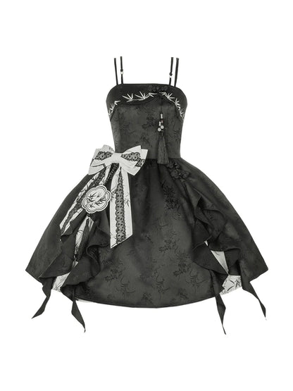 Qi Lolita Cheongsam Inspired Puff Sleeve, Sleeping Bamboo 竹隐花眠