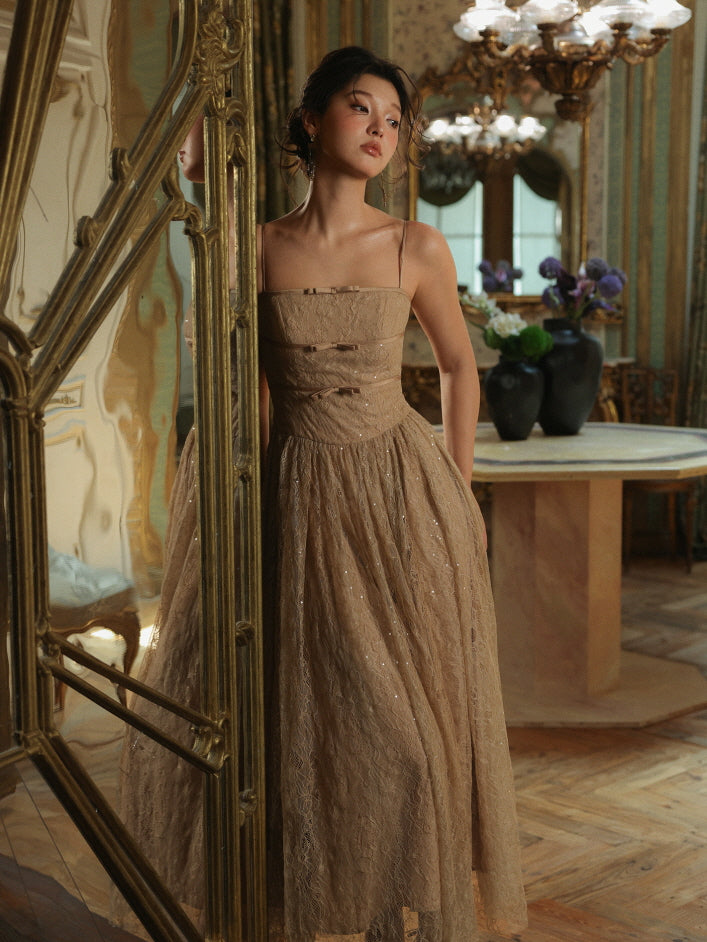 Champagne Lace Bow Evening Dress