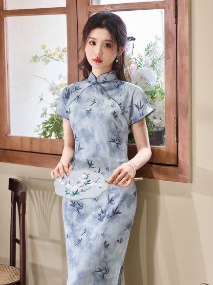 Pastel Flowers - Short Sleeve Floral Style Long Cheongsam