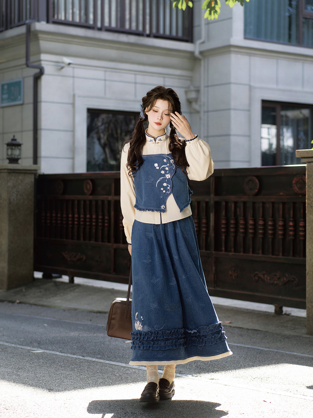 Cat Thread 猫线 - New Chinese Style Daily College Denim Skirt Set