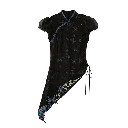 Butterfly Under The Lamp 灯下蝶 - New Chinese Style Eclectic Cheongsam Top and Mamianqun Set (Preorder)