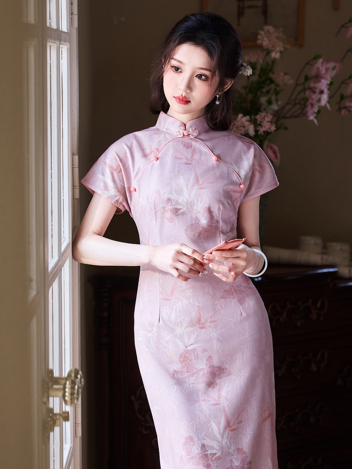 Pastel Flowers - Short Sleeve Floral Style Long Cheongsam