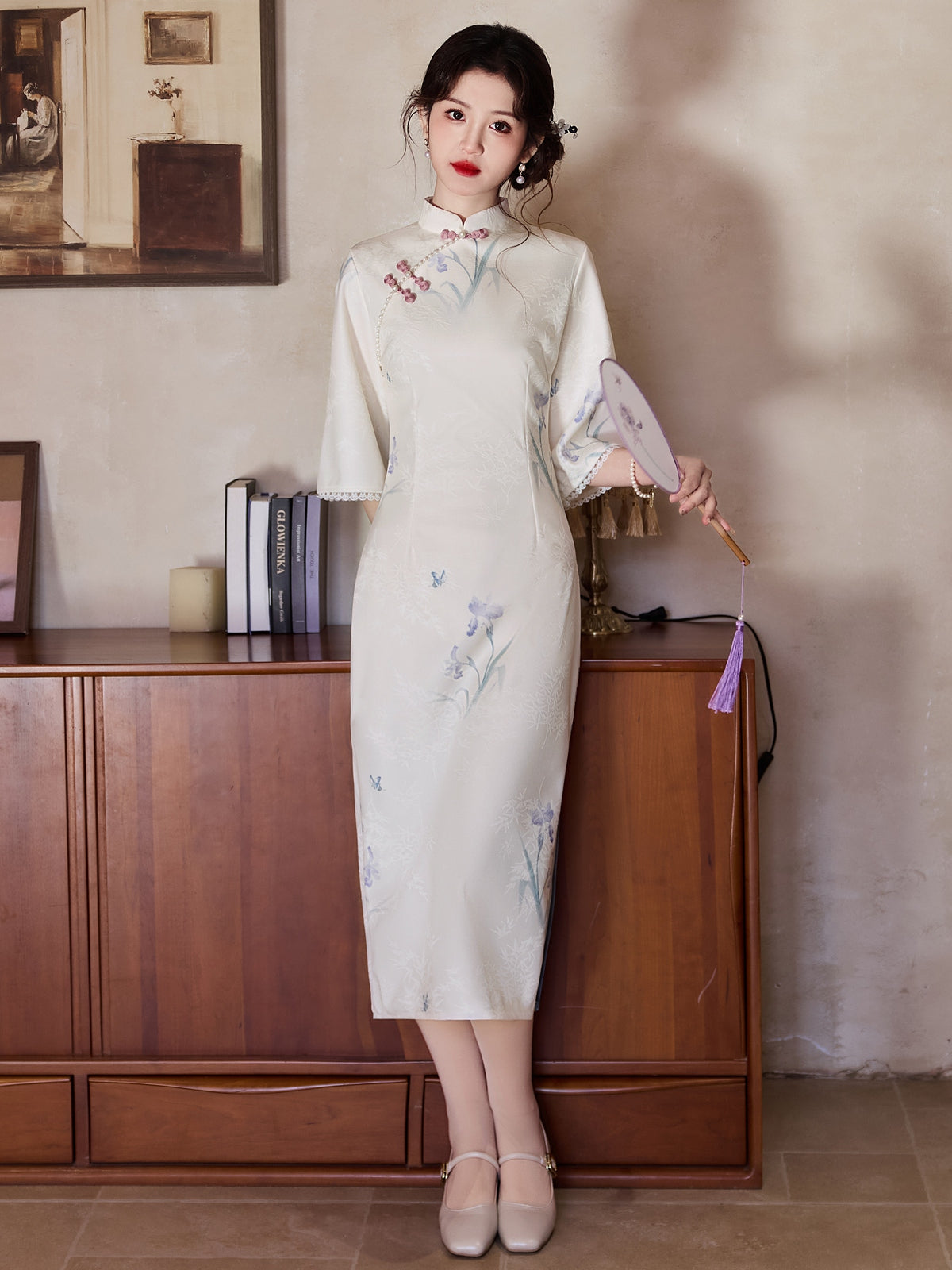 Soft Clouds - Half Sleeve Midi Floral Cheongsam