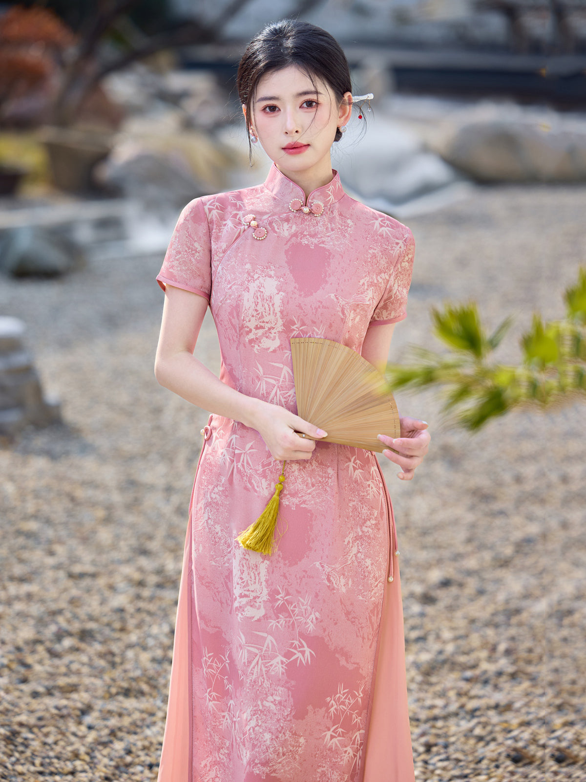Flower Lantern 花灯游 - Short Sleeve Pink Long Cheongsam