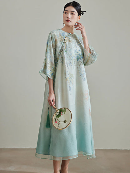 Flower Gradient - 100% Mulberry Silk Loose Cheongsam Dress