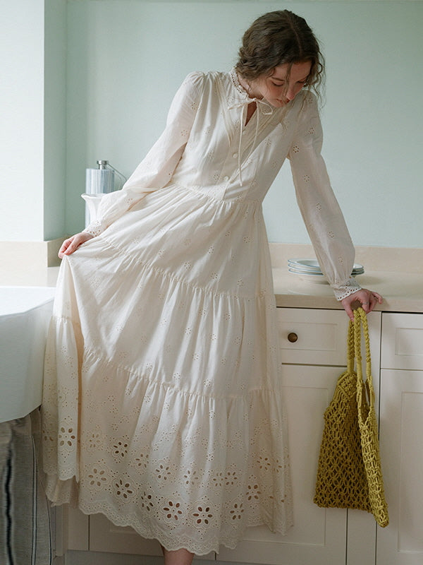 Cottagecore Lace Tiered Cotton Dress