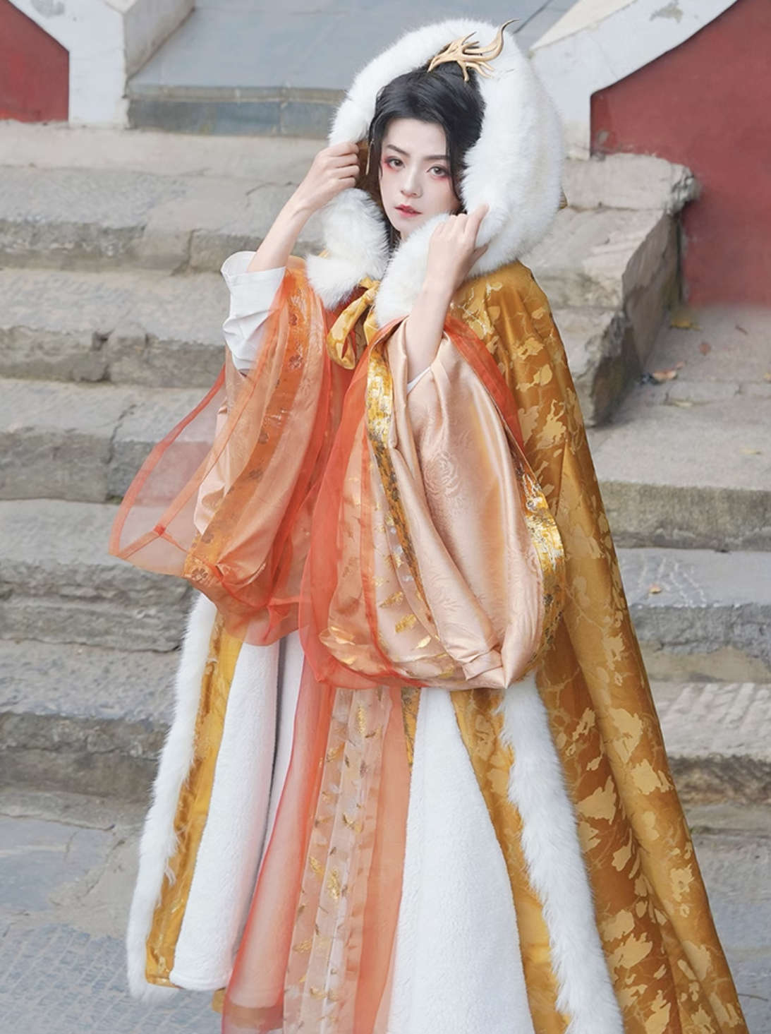 Embossed Gold Velvet Fur Cloak