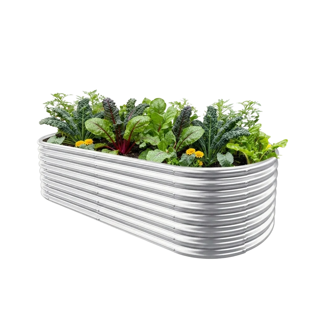 24-inch tall oval galvanized metal raised garden bed, 6 by 3 feet