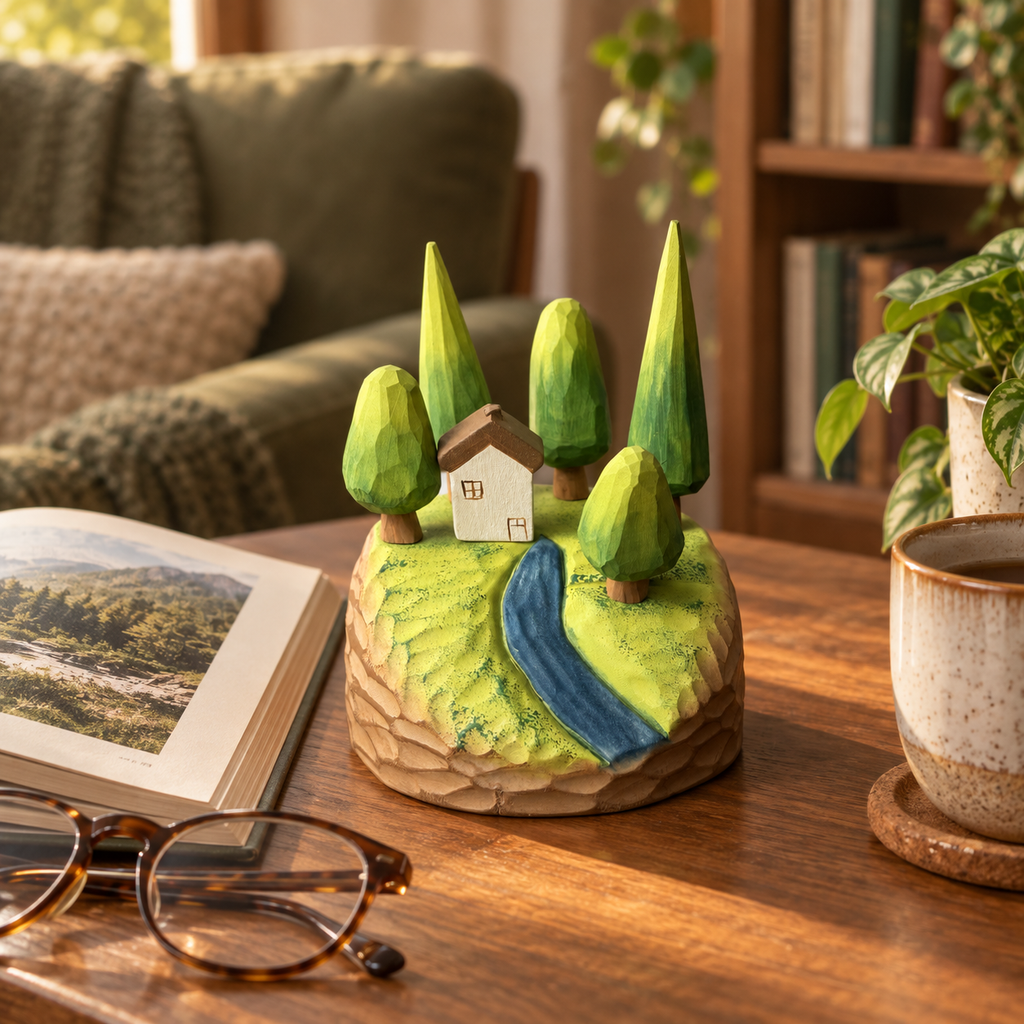 Build-Your-Own Woodland Cottage – Magnetic Hand-Carved Wooden Desk Garden
