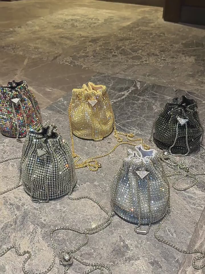 Rhinestone-Embellished Drawstring Bucket Bag