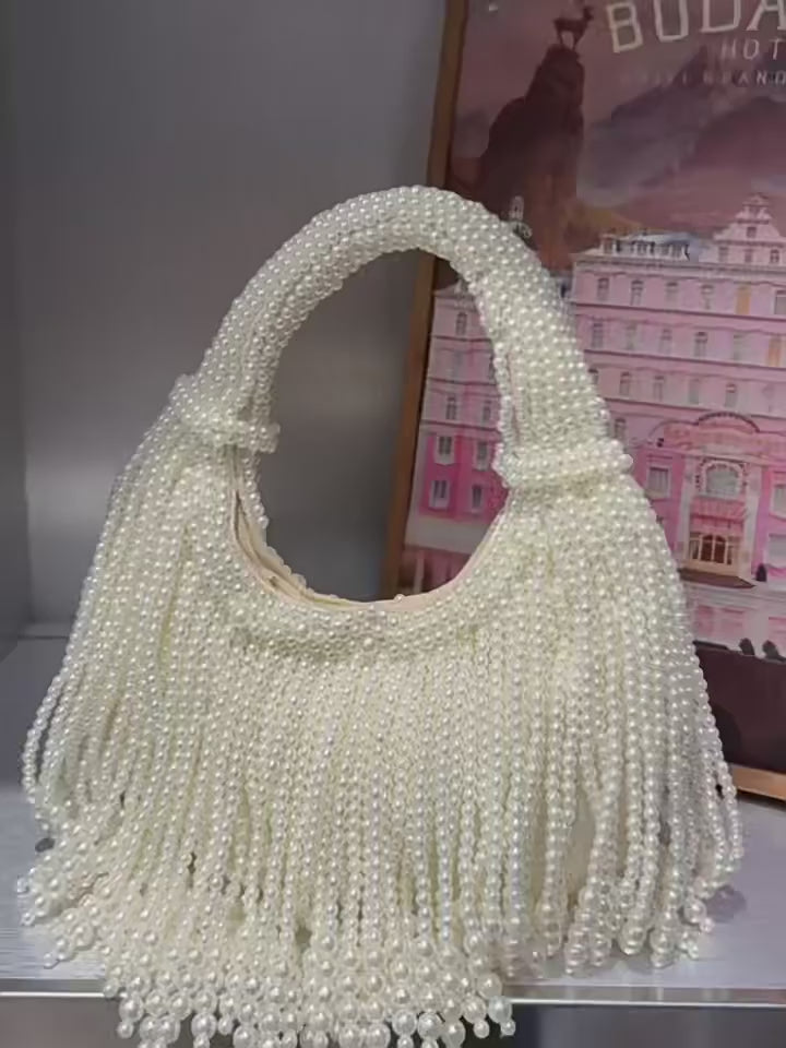Vintage Hand-Woven Pearl Tassel Dumpling Tote & Evening Clutch Bag