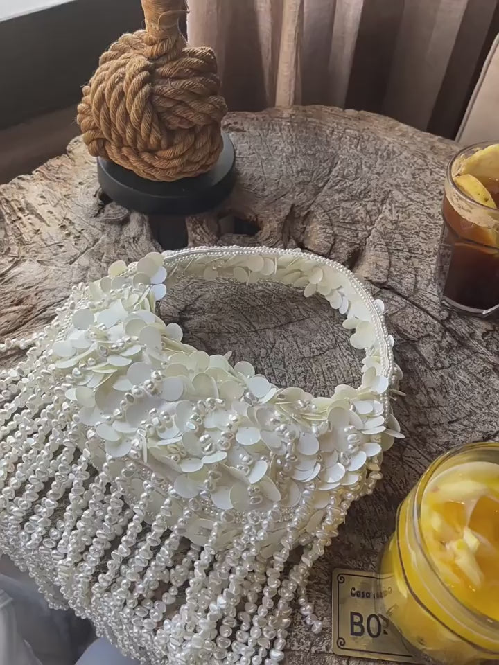 Pearl Fringe Floral Crescent Bag